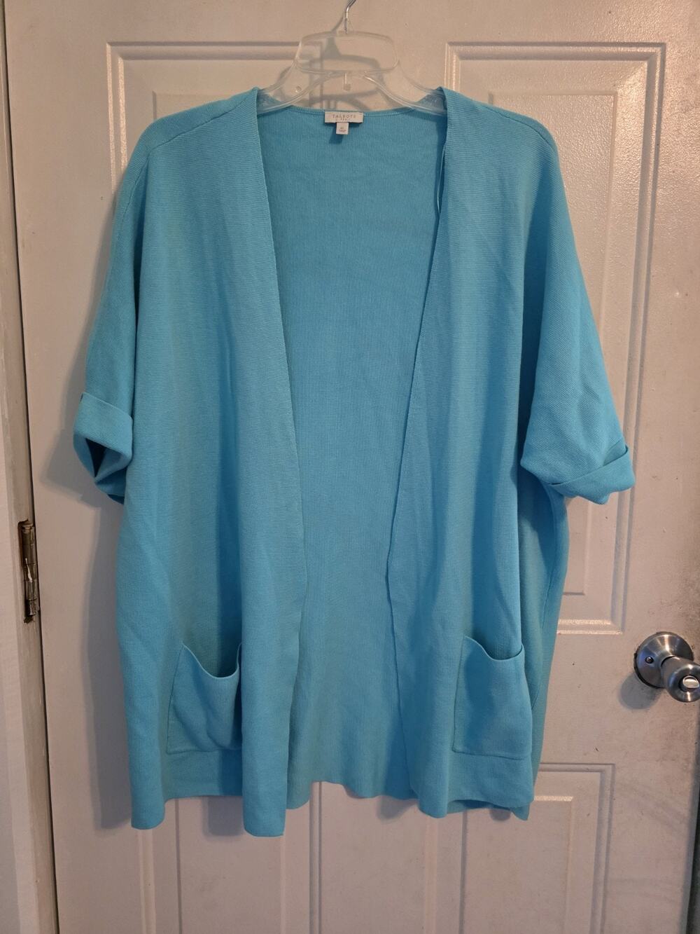 Talbots Women's Cardigan Aqua Turquoise Cotton Pockets XL Preppy Workwear